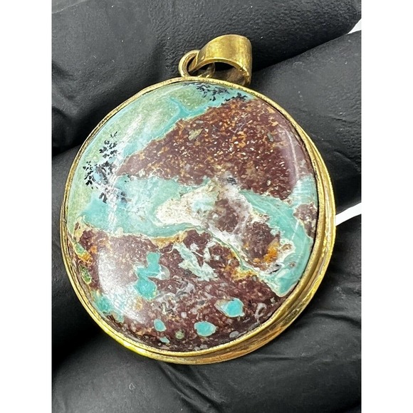 Natural Persian Turquoise Pendant Metal Brass Handmade With Rope - Picture 12 of 12
